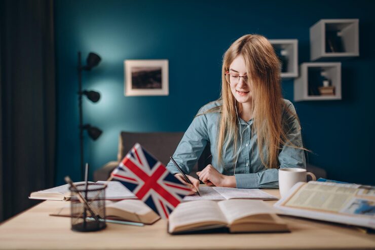 Chica joven pelirroja con gafas escuchando un texto - Prueba de nivel gratuita
